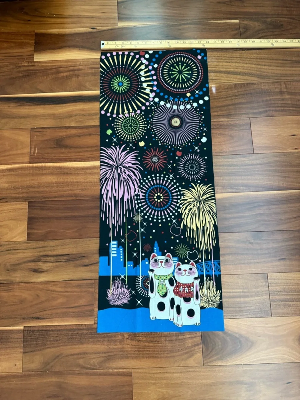 Japanese Tenugui Cotton Cloth Tapestry: Lucky Cats & Fireworks EPCOT Souvenir